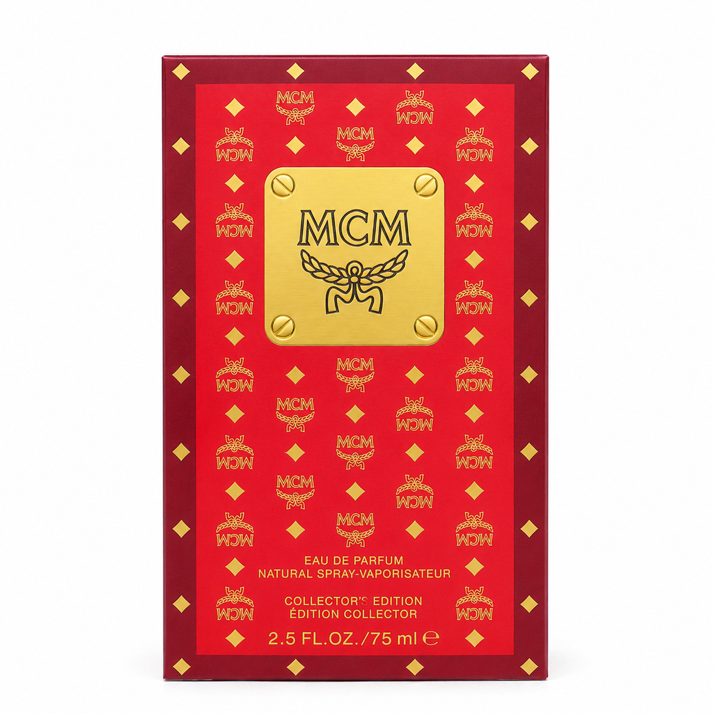 MCM 2022 Limited Edition Red Backpack with auspicious red Visetos print and leather handles It features a woody floral-fruity fragrance making it suitable as a holiday gift or a collectible item