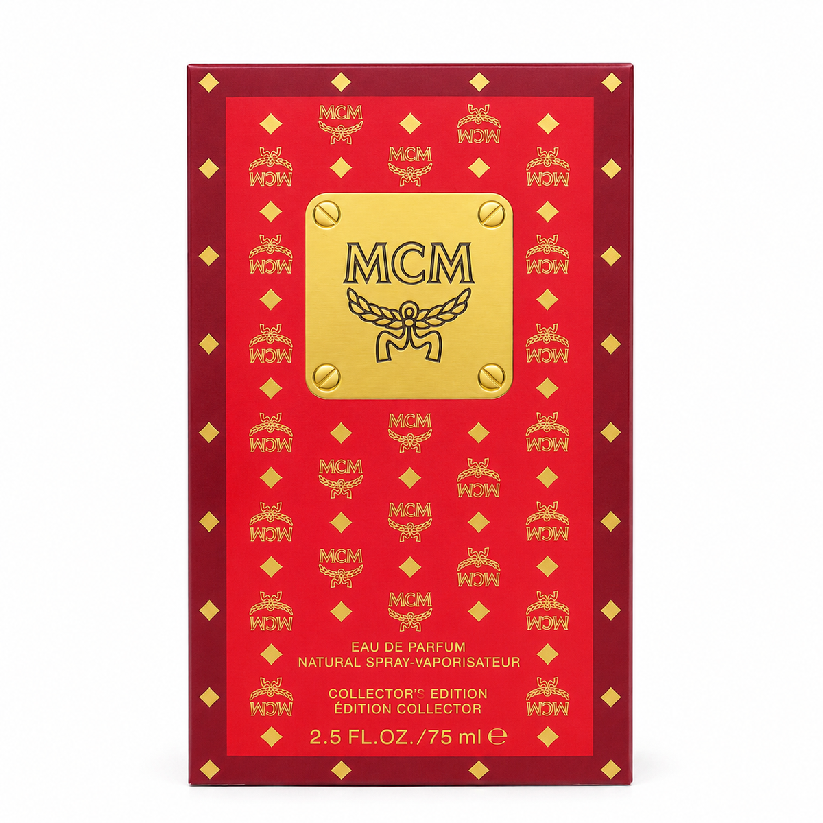 MCM 2022 Limited Edition Red Backpack with auspicious red Visetos print and leather handles It features a woody floral-fruity fragrance making it suitable as a holiday gift or a collectible item