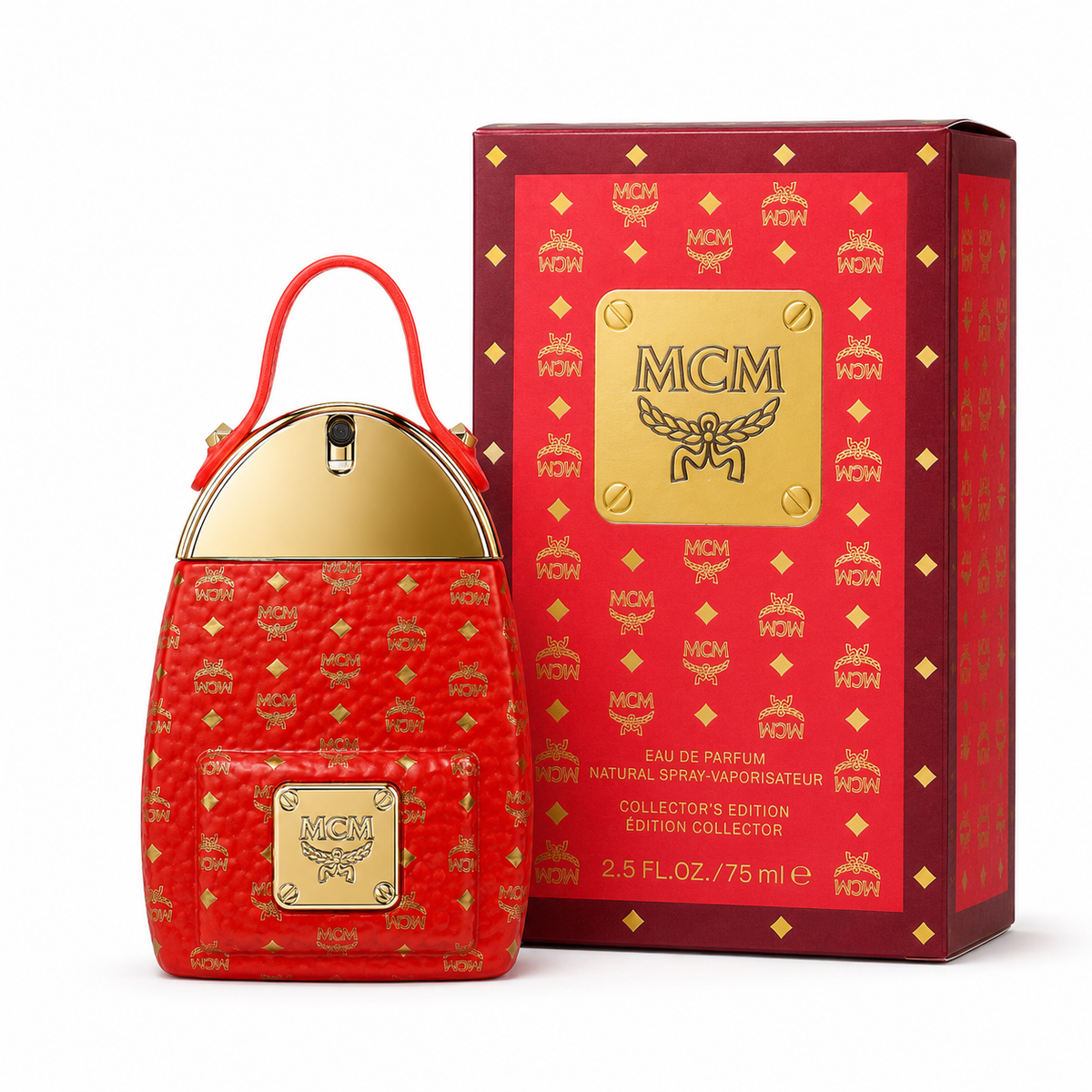 MCM 2022 Limited Edition Red Backpack with auspicious red Visetos print and leather handles It features a woody floral-fruity fragrance making it suitable as a holiday gift or a collectible item