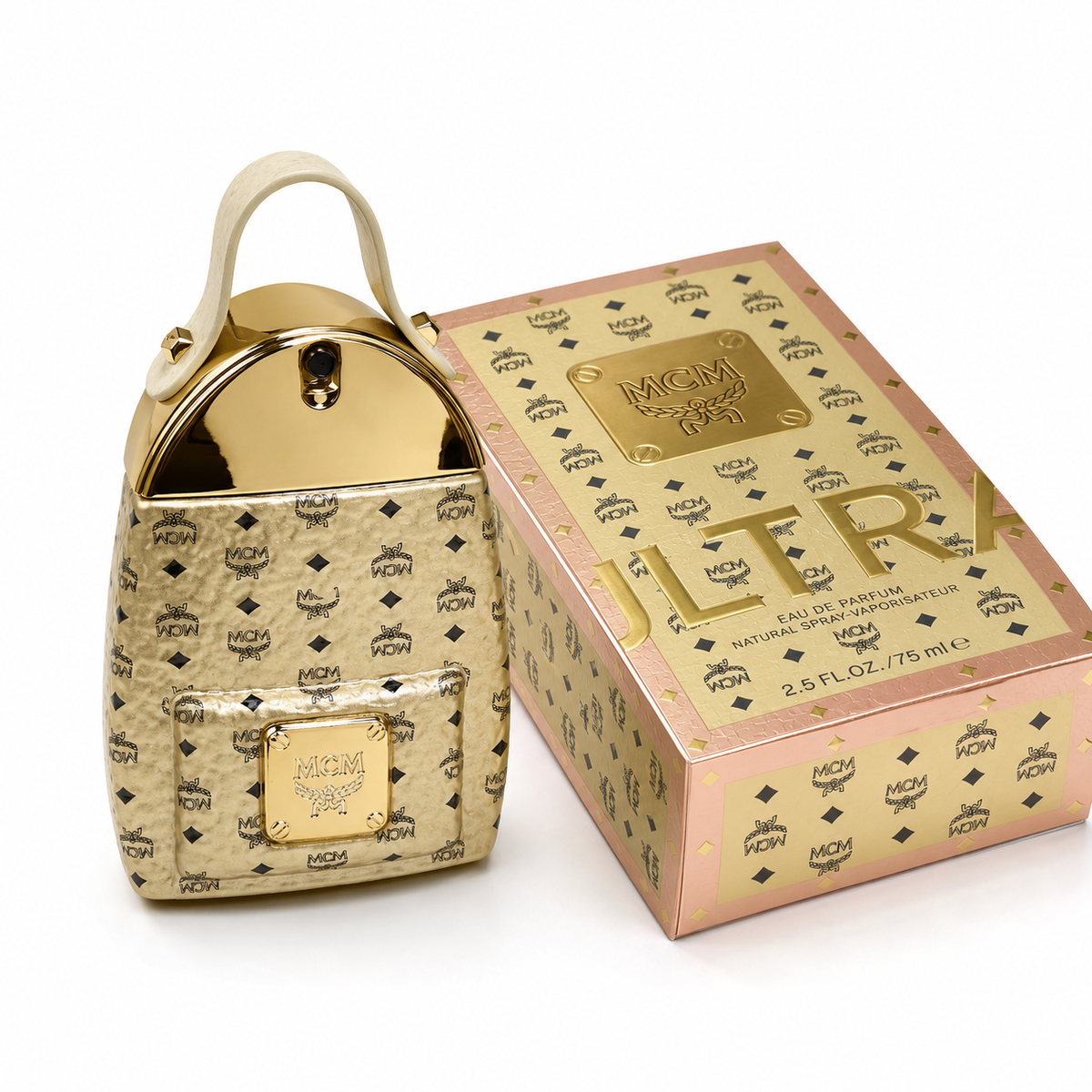 MCM ULTRA Extra Strong Eau de Parfum for Women off-white with Visetos print and leather handle a woody floral scent suitable for both gifting and personal enjoyment