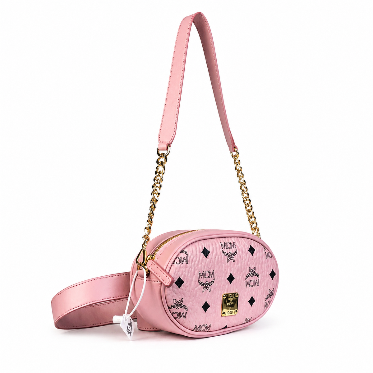 MCM Patricia Visetos Collection Cherry Blossom Pink with Leather Chain Shoulder Strap a stylish women's 3-in-1 shoulder bag/crossbody bag/waist bag for commuting and travel
