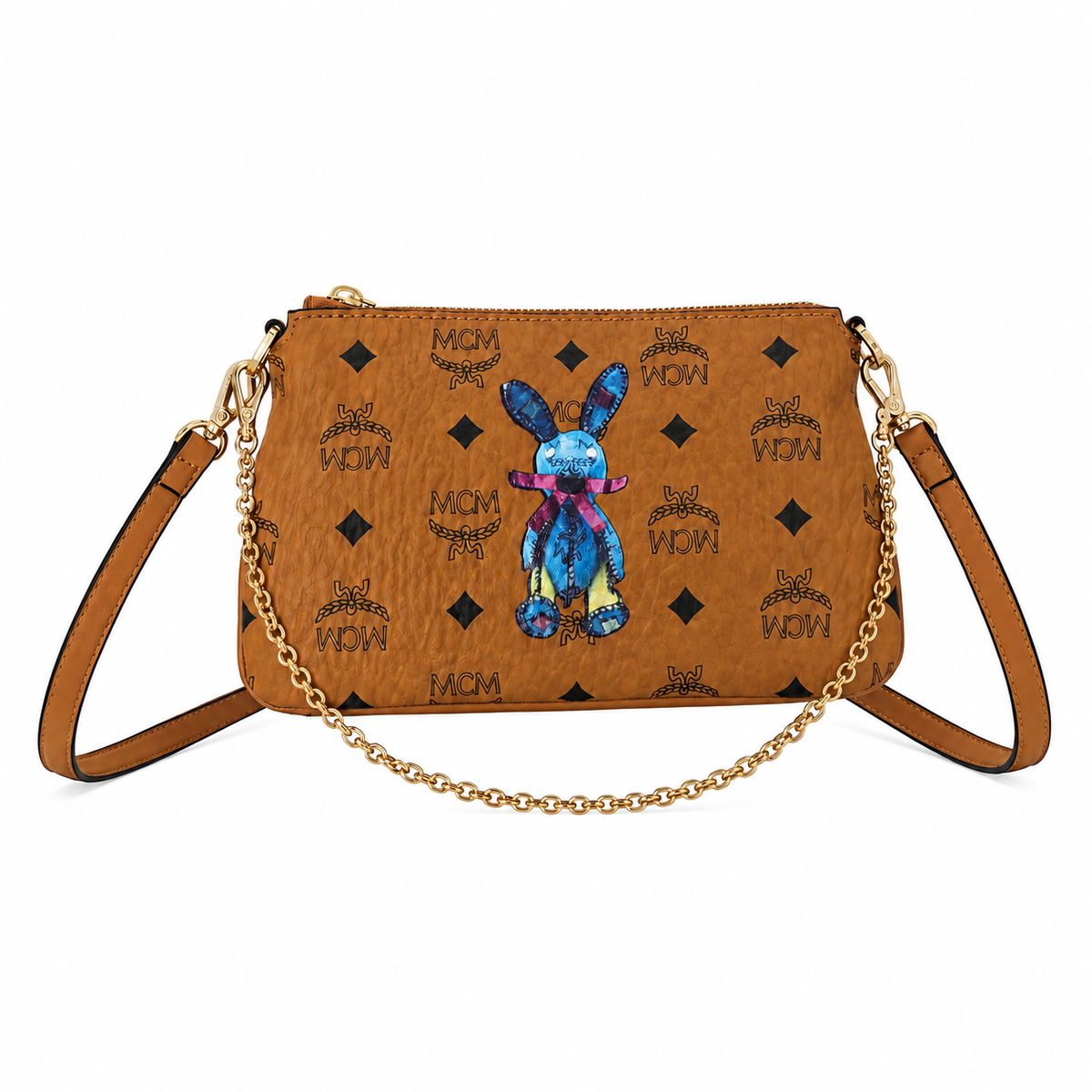 MCM's classic Visetos print rabbit blue embroidered rabbit with gold chain and detachable shoulder strap can be carried by hand or worn crossbody a trendy collectible