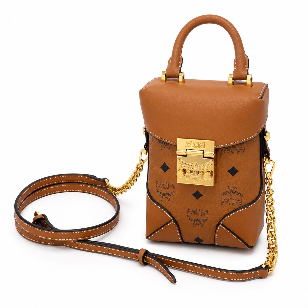 MCM Soft Berlin Mini Fries Bag | Cognac-colored Visetos print + detachable shoulder strap can be carried by hand or worn crossbody Spring/Summer 2026 new arrival