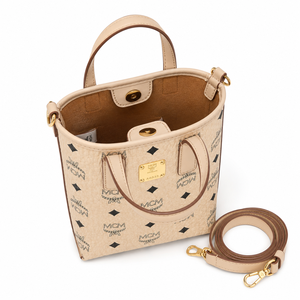MCM Essential Visetos Mini Tote Bag | Cognac Monogram Canvas + Detachable Shoulder Strap  Can be Carried by Hand or Crossbody  New Arrival for Spring/Summer 2026