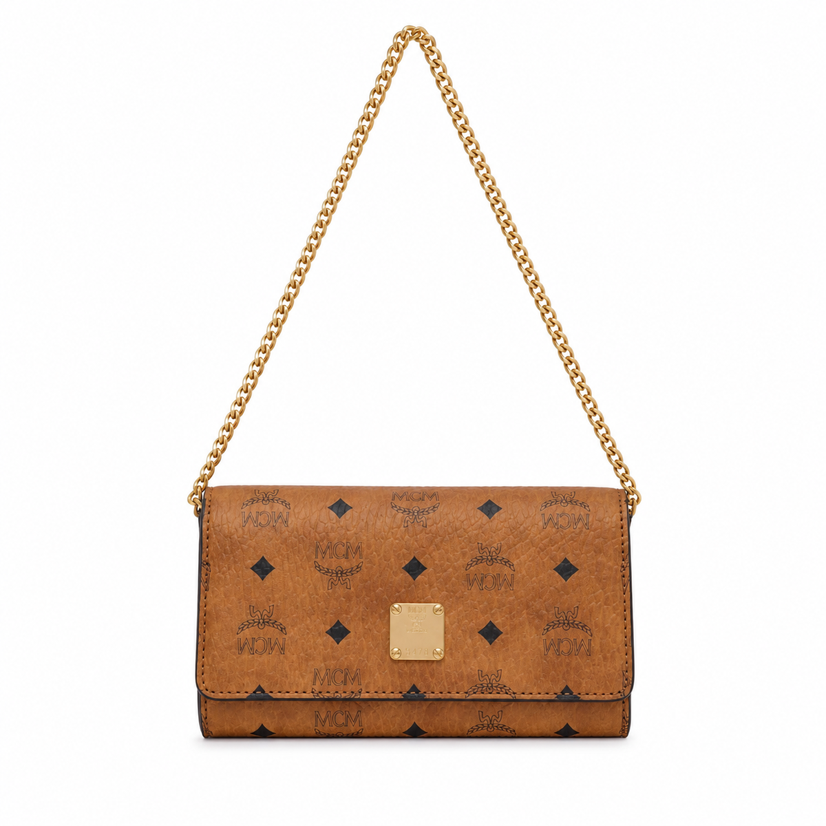 MCM Cognac-colored all-over monogram canvas with gold nameplate detachable shoulder strap for single-shoulder or crossbody women's bag