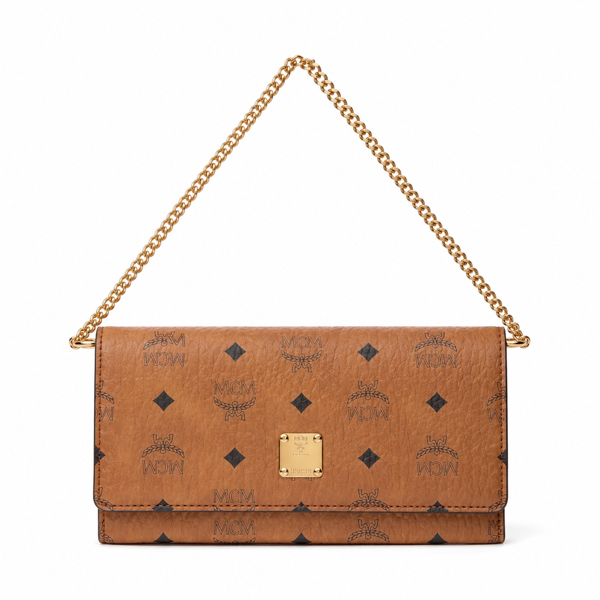 MCM Cognac-colored all-over monogram canvas with gold nameplate detachable shoulder strap for single-shoulder or crossbody women's bag