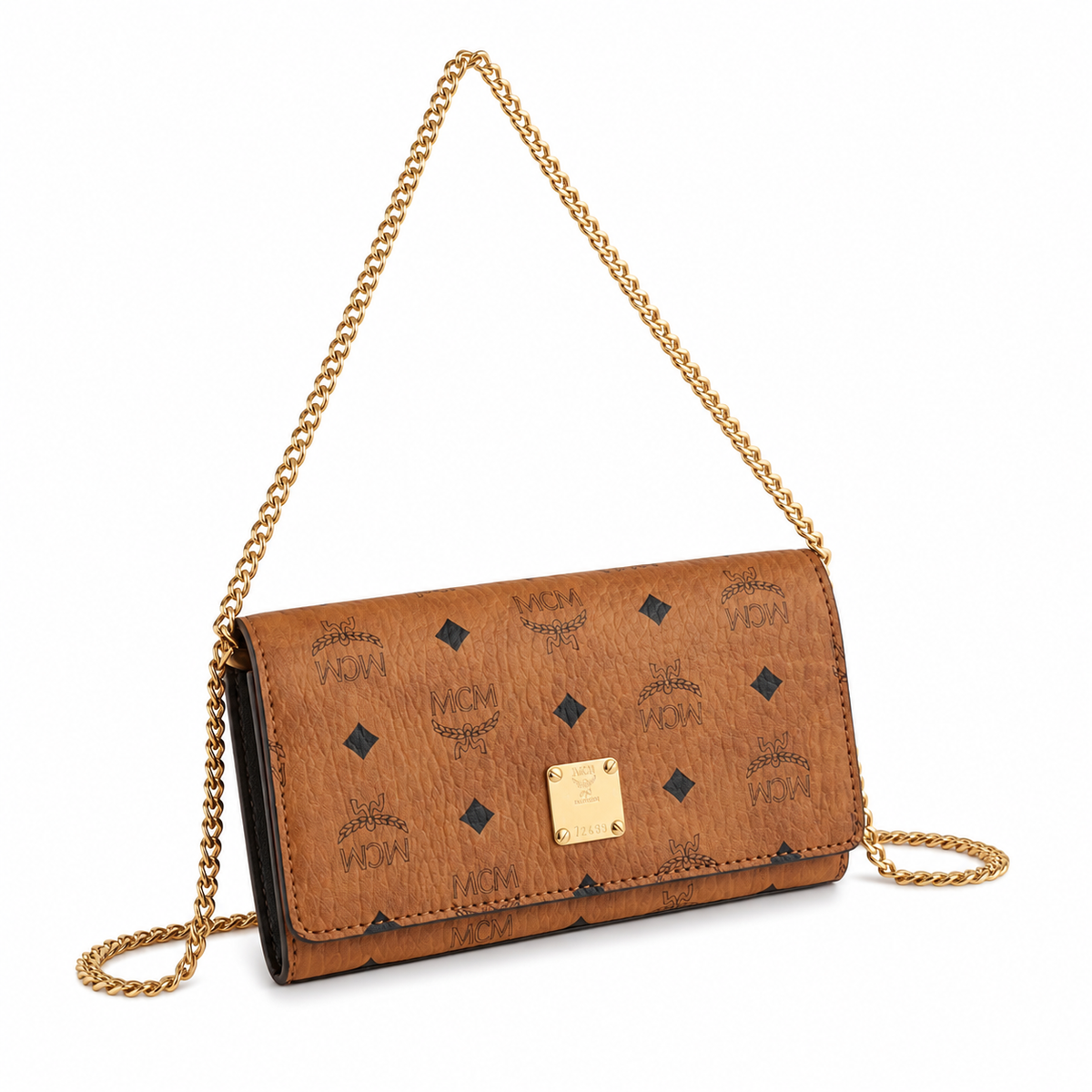MCM Cognac-colored all-over monogram canvas with gold nameplate detachable shoulder strap for single-shoulder or crossbody women's bag