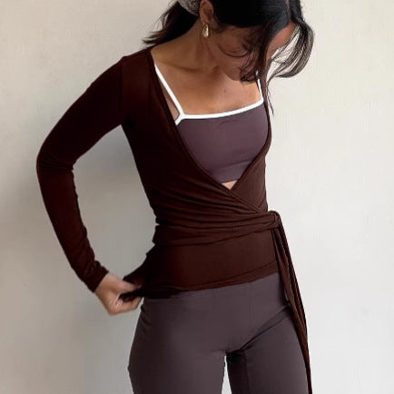 2025 New Autumn European And American Style V-Neck Long-Sleeved T-Shirt Design, Fashionable And Personalized Wrap, Slim-Fitting Pilates Top