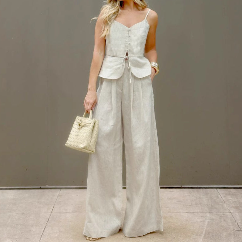 New Summer Fashion Camisole High-Waisted Wide-Leg Trousers Two-Piece Set With Design, Temperament And Commuting French Style