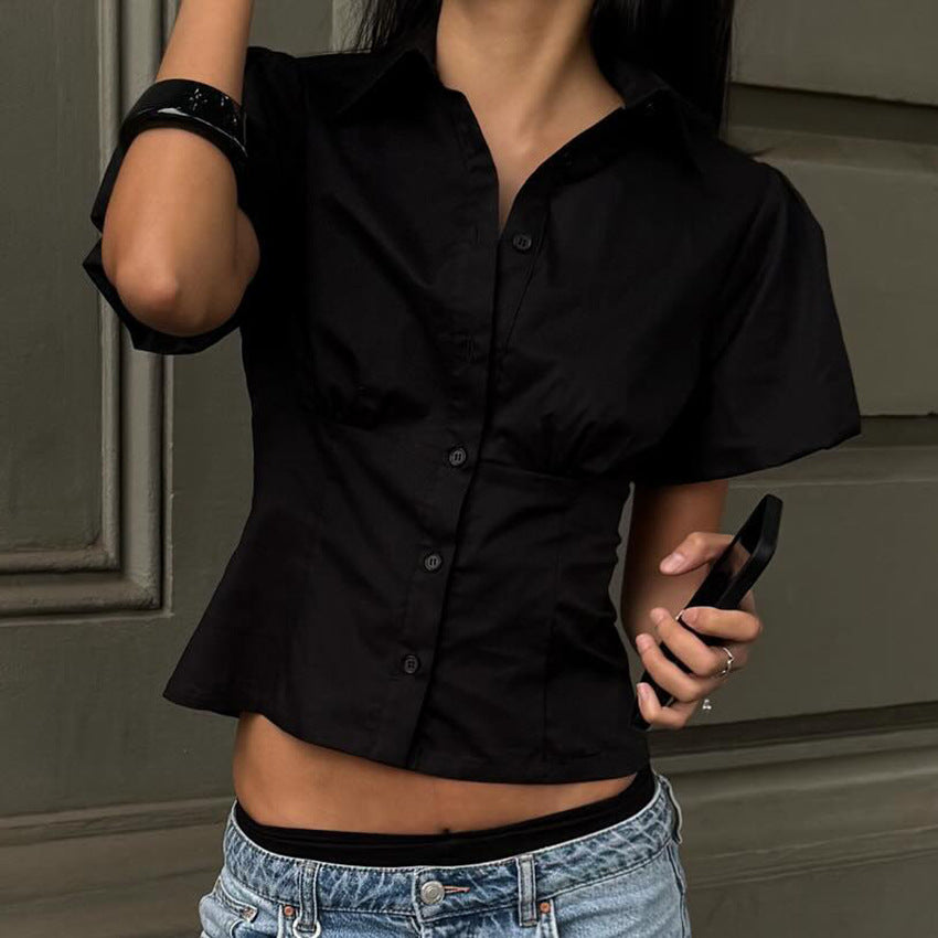 2025 Summer New Puff Sleeve Shirt Design Temperament Waist Top Fashion Personality European And American Commuting Versatile