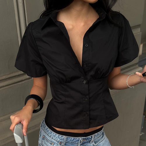 2025 Summer New Puff Sleeve Shirt Design Temperament Waist Top Fashion Personality European And American Commuting Versatile