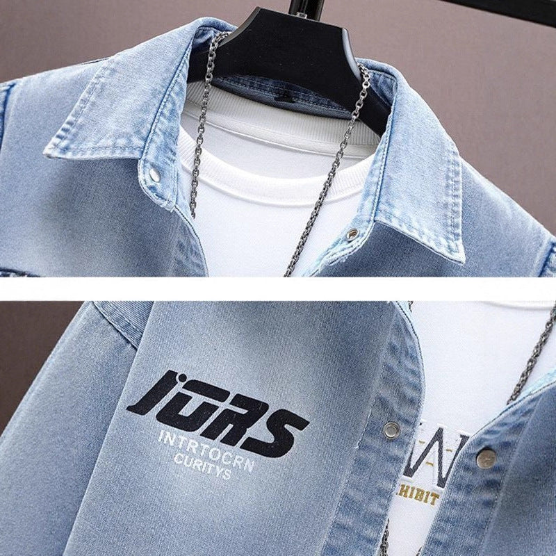 Spring And Autumn Denim Shirts Men'S 2025 New Teenagers High School Junior High School Student Shirts Trendy Brand Casual Jackets
