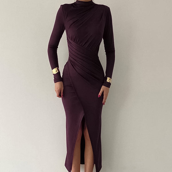 Yj24388 Autumn 2024 New Style Fashion Style Mid-High Collar Pleated Slit Slim Long-Sleeved Dress For Women
