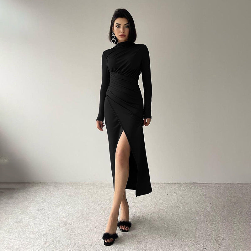 Yj24388 Autumn 2024 New Style Fashion Style Mid-High Collar Pleated Slit Slim Long-Sleeved Dress For Women