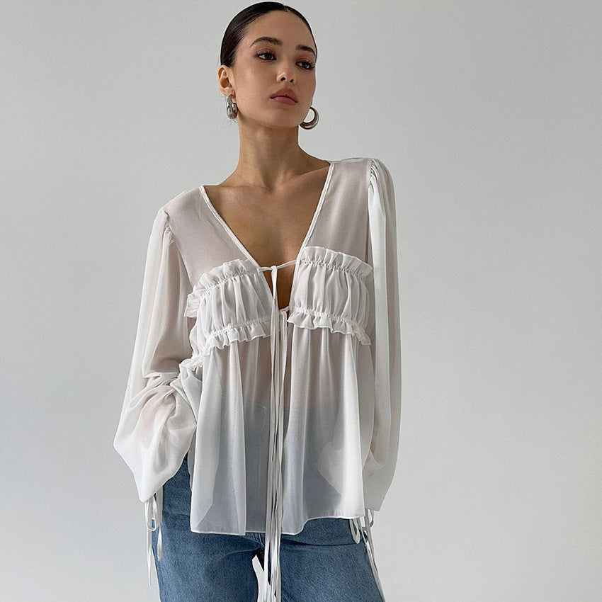 2025 New Summer Style V-Neck Pleated Fungus-Edged Lace-Up Shirt With Design, Temperament, Fashionable Commuting, European And American Cross-Border