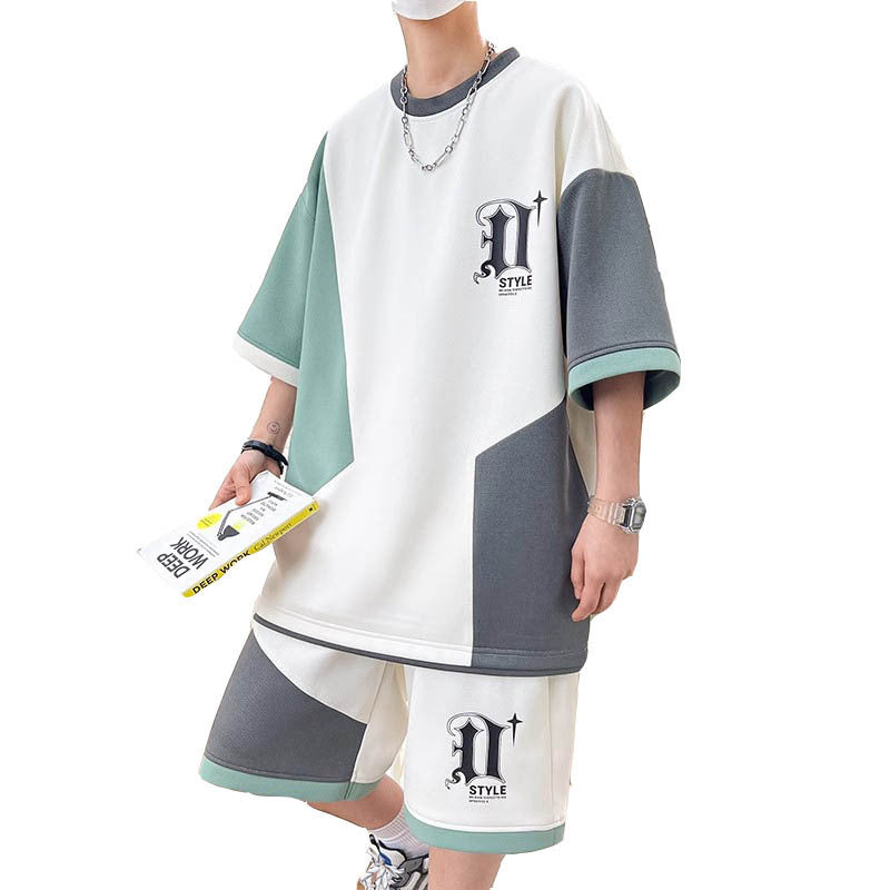 Summer Men'S Breathable Color Matching Loose Casual Suit Personalized Symbol Splicing Loose Casual Sports Suit Wholesale