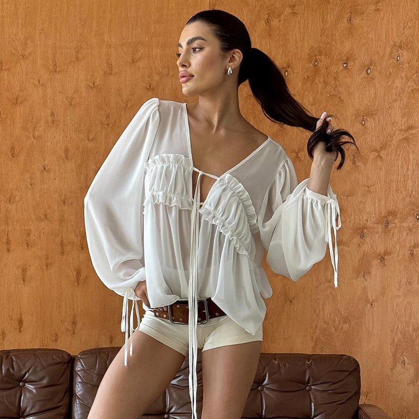 2025 New Summer Style V-Neck Pleated Fungus-Edged Lace-Up Shirt With Design, Temperament, Fashionable Commuting, European And American Cross-Border