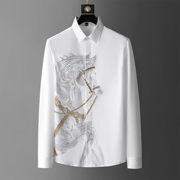 Trendy Brand Men'S Shirt Long-Sleeved Printed Perm Diamond Shirt Men'S Slim Fit No-Iron Anti-Wrinkle Shirt Men'S One Piece Drop Shipping