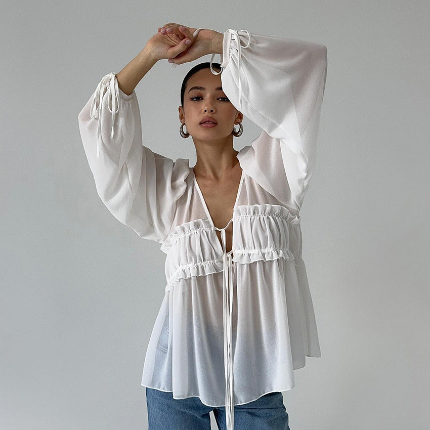 2025 New Summer Style V-Neck Pleated Fungus-Edged Lace-Up Shirt With Design, Temperament, Fashionable Commuting, European And American Cross-Border