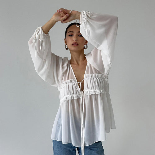 2025 New Summer Style V-Neck Pleated Fungus-Edged Lace-Up Shirt With Design, Temperament, Fashionable Commuting, European And American Cross-Border