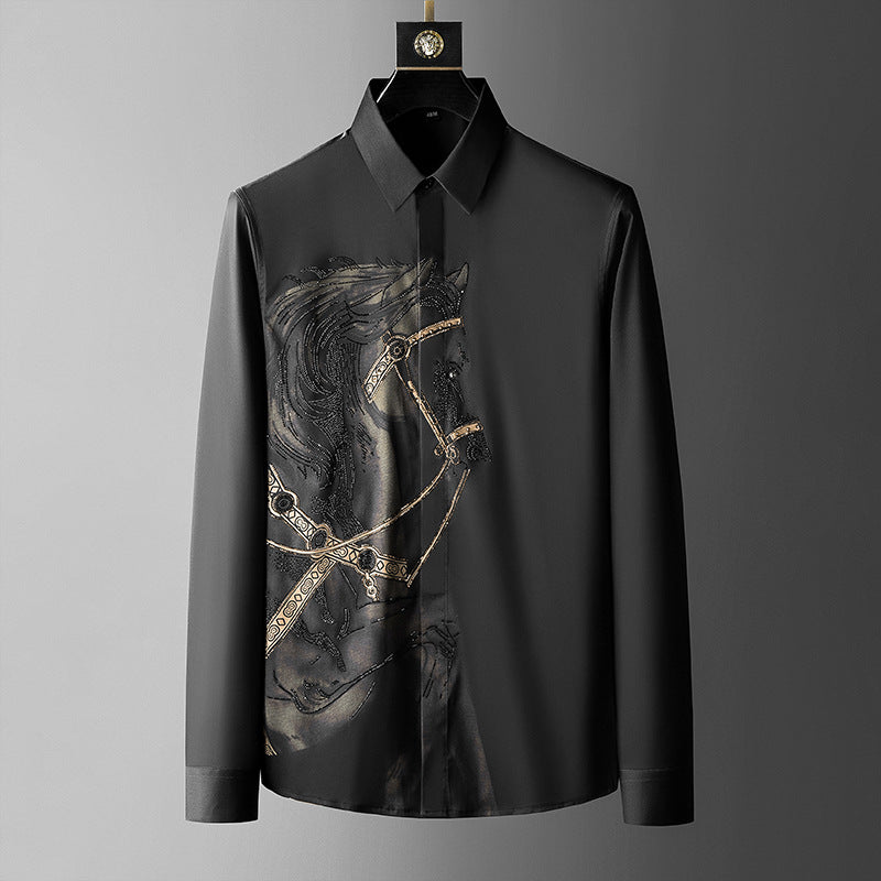 Trendy Brand Men'S Shirt Long-Sleeved Printed Perm Diamond Shirt Men'S Slim Fit No-Iron Anti-Wrinkle Shirt Men'S One Piece Drop Shipping