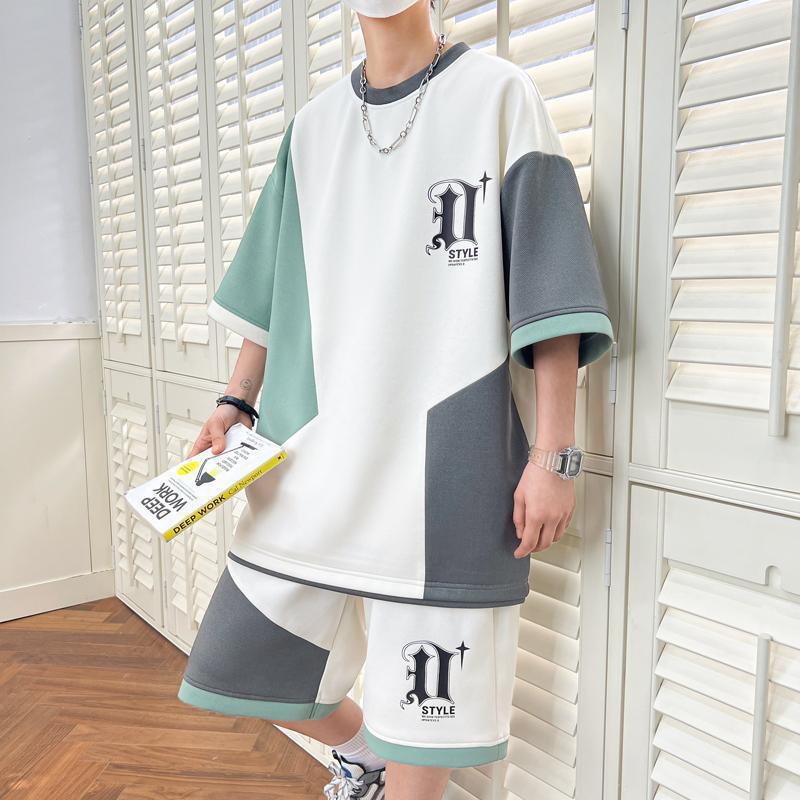 Summer Men'S Breathable Color Matching Loose Casual Suit Personalized Symbol Splicing Loose Casual Sports Suit Wholesale