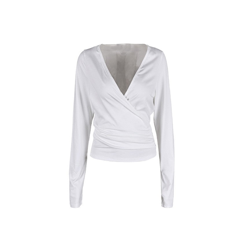 2025 New Autumn European And American Style V-Neck Long-Sleeved T-Shirt Design, Fashionable And Personalized Wrap, Slim-Fitting Pilates Top